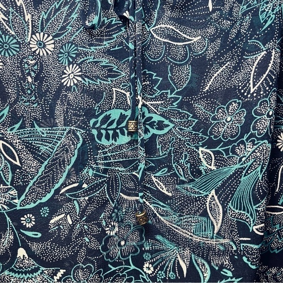 Anthropologie Sheer Floral Long Balloon Sleeve Lace Up Blue Peasant Blouse Top - Picture 7 of 11